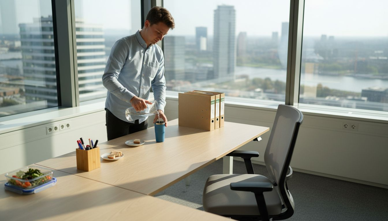 Op het kantoor waar plastic in de ban is, vult een medewerker zijn glas met water.