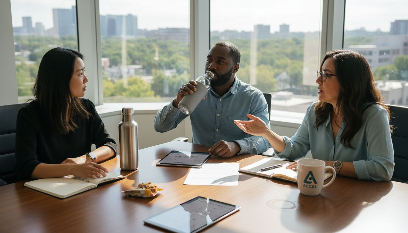 Office workers with various sustainable drinkware