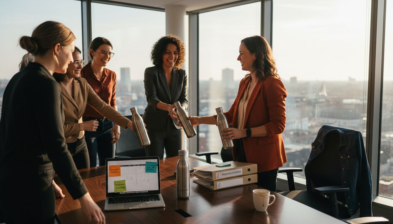 De HR-manager deelt gepersonaliseerde drinkflessen uit aan het team.