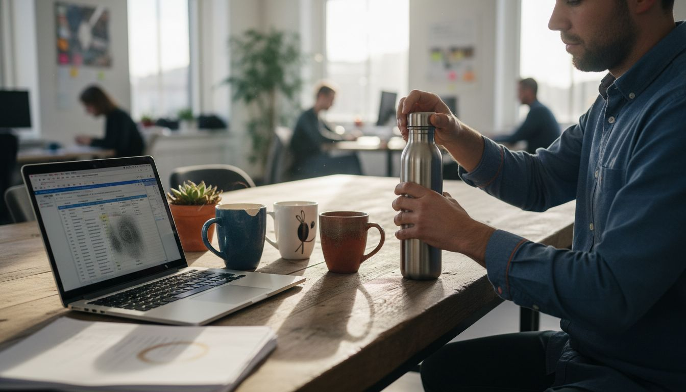 Op kantoor draait een man zijn herbruikbare waterfles open.