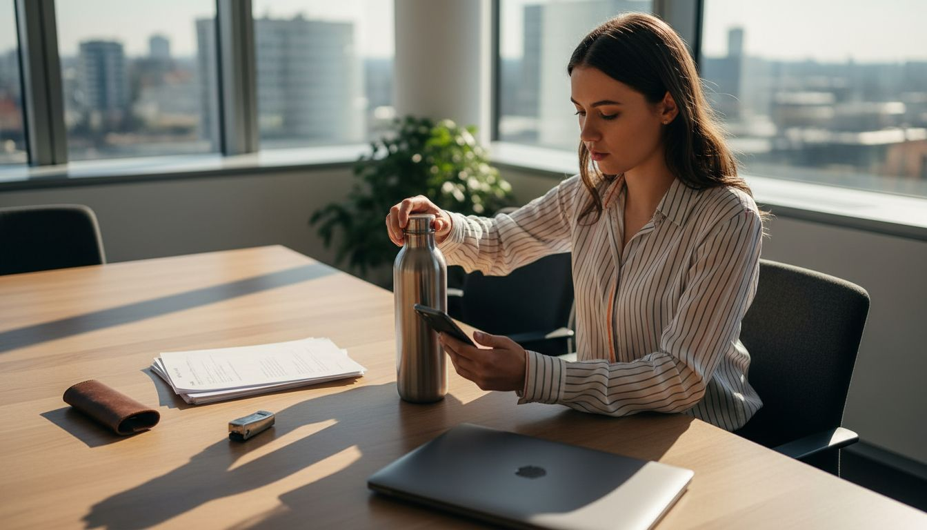 Een collega zit aan de vergadertafel met een roestvrijstalen drinkfles binnen handbereik.