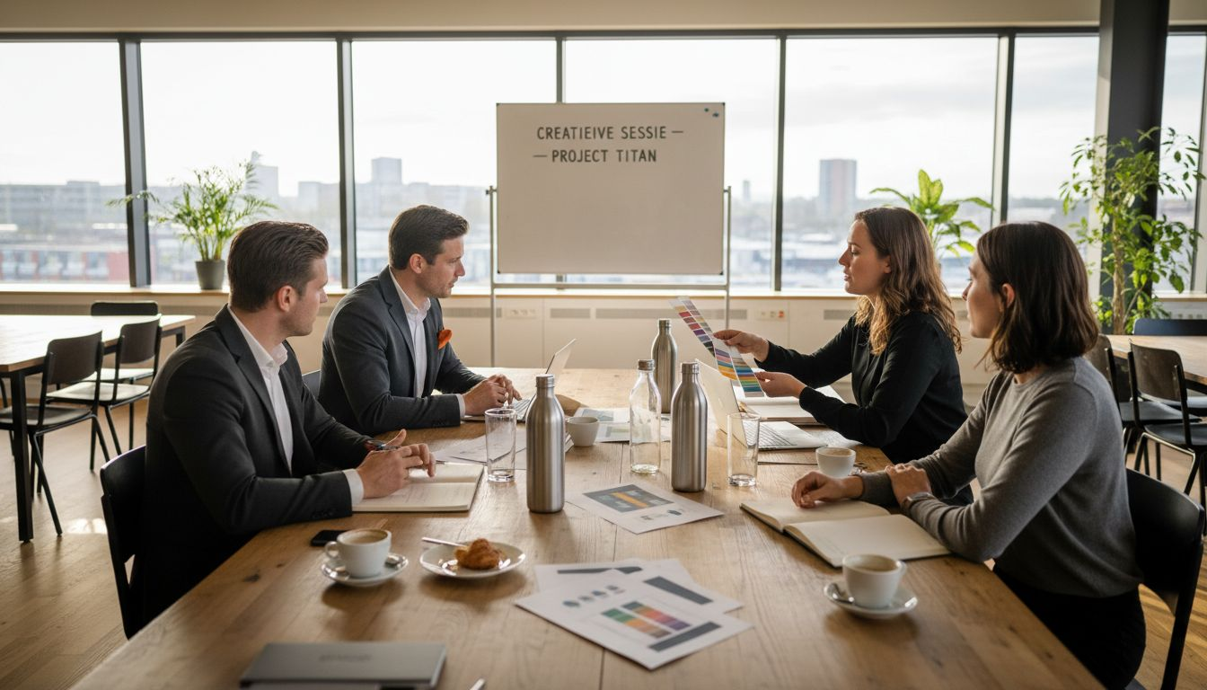 Aan de vergadertafel wordt druk over de gekregen flessen wijn gepraat door de collega’s.