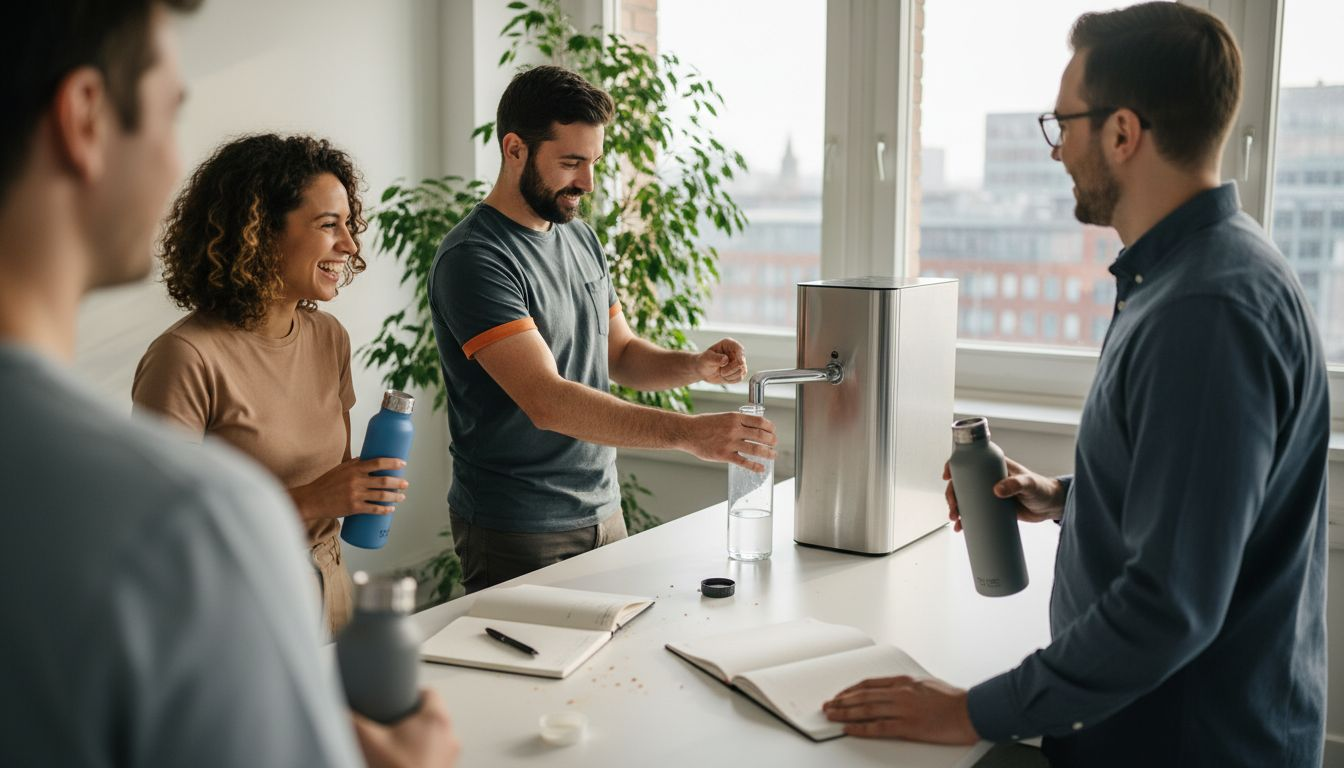 Collega’s drinken samen een glas water aan de vergadertafel.