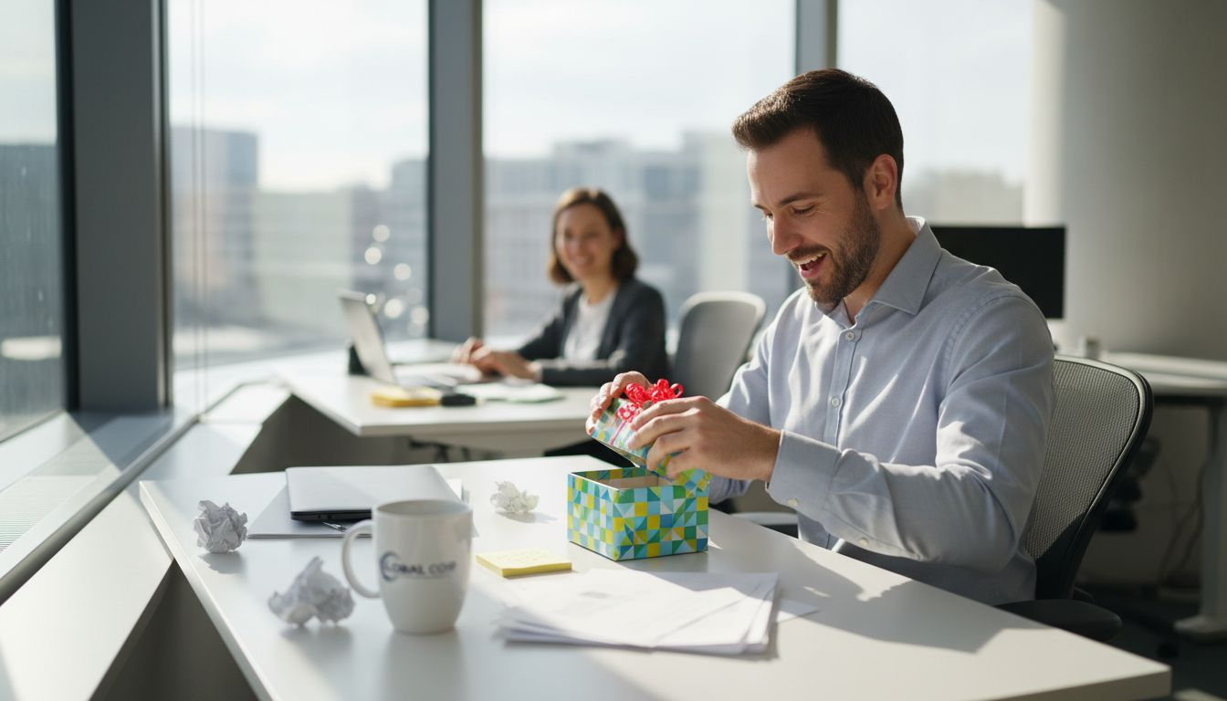 Employee opening personalized gift in office