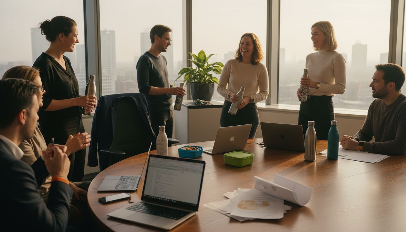 Een groep collega’s zit samen aan een vergadertafel, allemaal met hun eigen herbruikbare waterfles binnen handbereik.