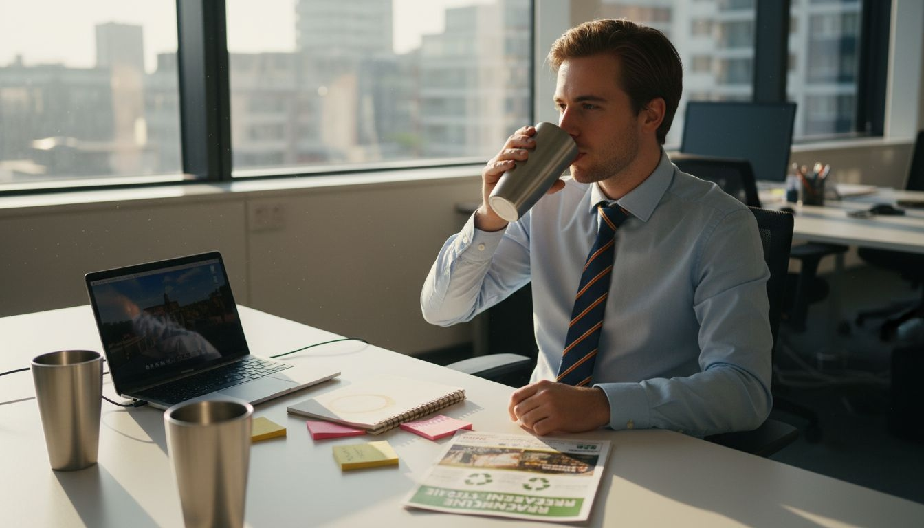 Een kantoormedewerker drinkt uit een herbruikbare beker.