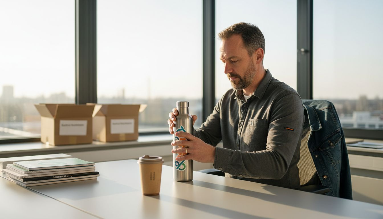 Man met een gepersonaliseerde waterfles op zijn bureau