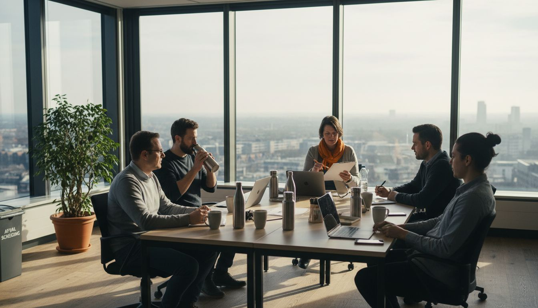 Het kantoorteam overlegt over een plasticvrije werkdag