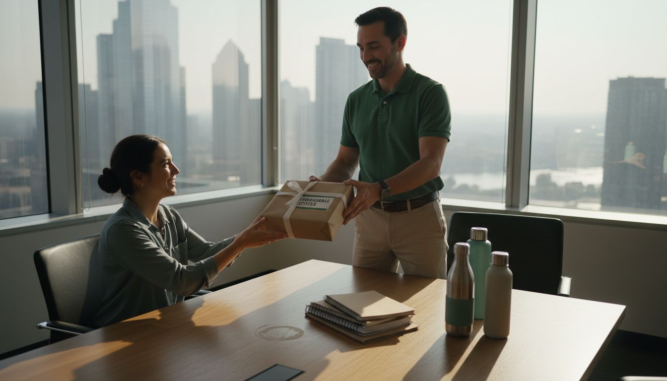 Manager handing eco-friendly corporate gift in office