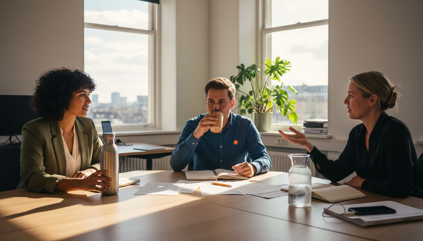 Een groep collega’s drinkt uit herbruikbare bekers in een lichte, moderne kantoorruimte.