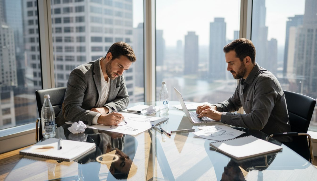 Marketing team sketching bottle designs in office