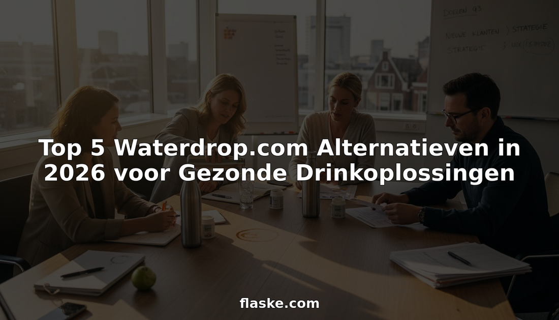 Kantoormedewerkers die hun waterflessen erbij pakken en verschillende drankjes met elkaar bespreken.