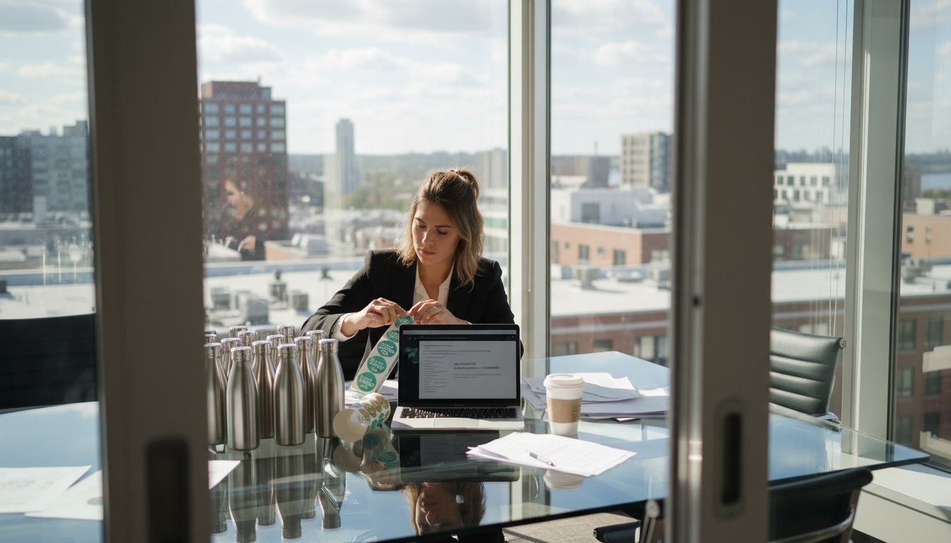 Marketing manager with branded eco bottles in office