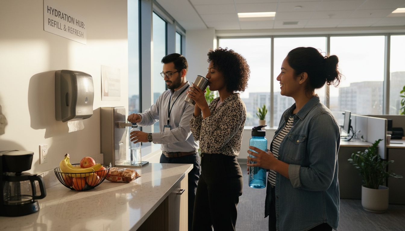 Office employees using reusable drinkware in breakroom