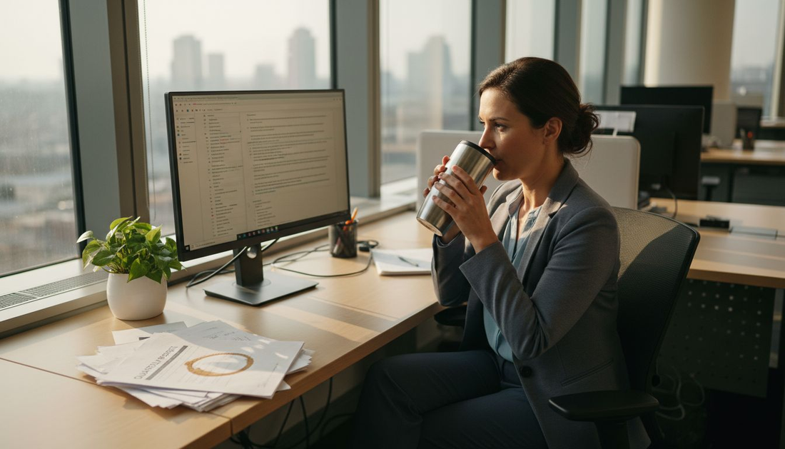 Office worker using reusable coffee cup