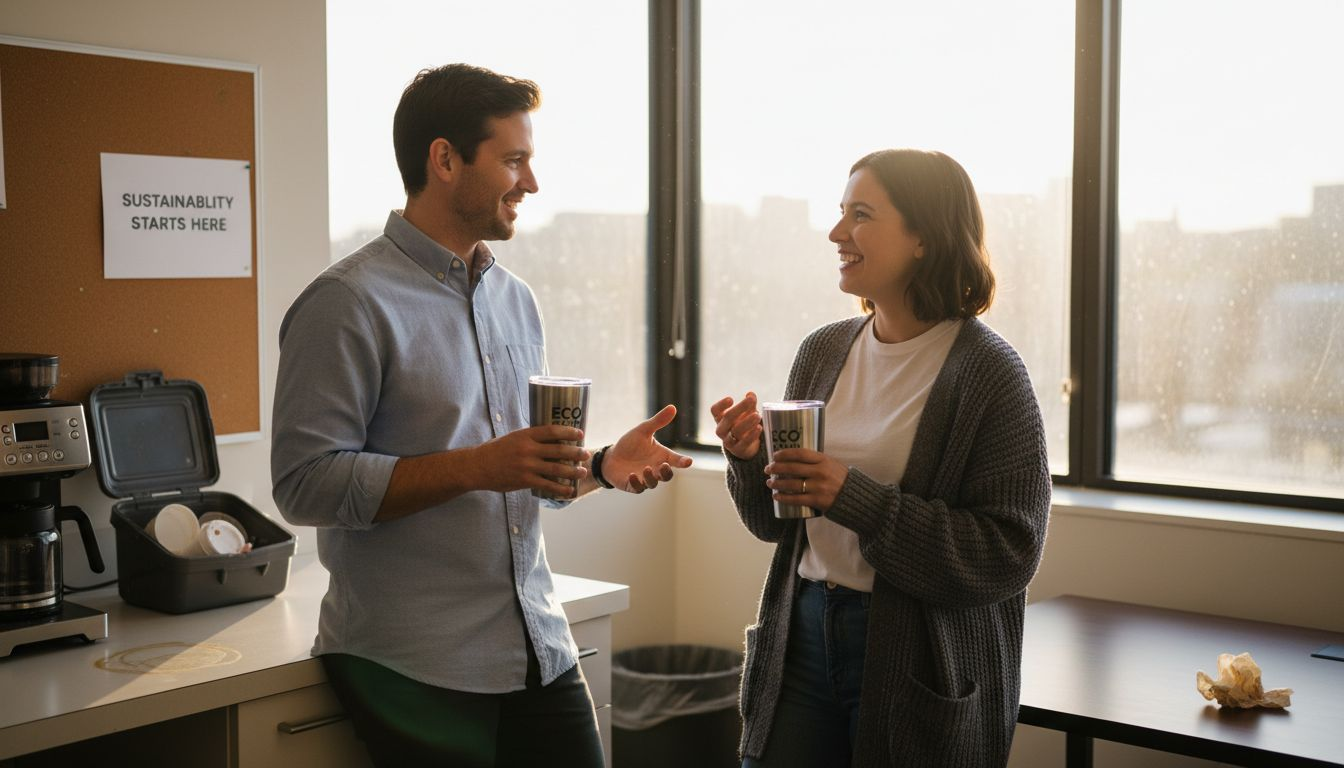 Employees holding reusable branded tumblers in office