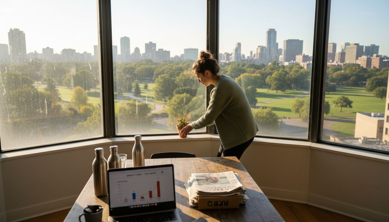 Worker arranging plants in sunny eco-friendly office