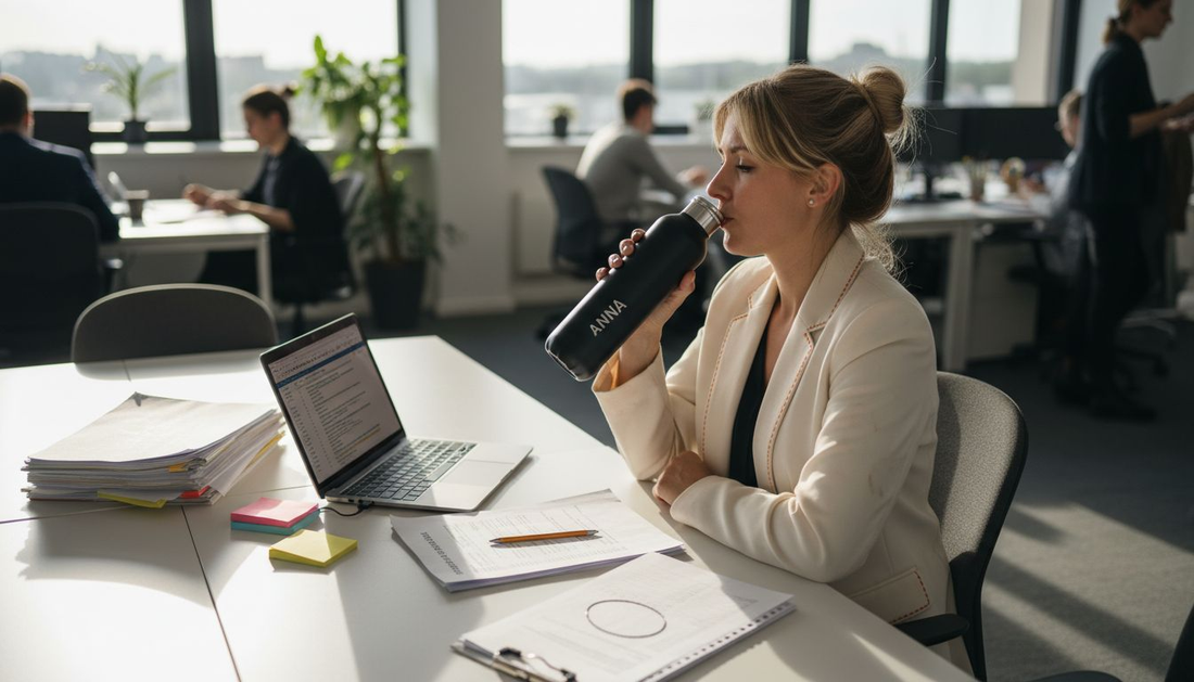 De HR-manager geniet van een slok uit haar eigen gepersonaliseerde waterfles.