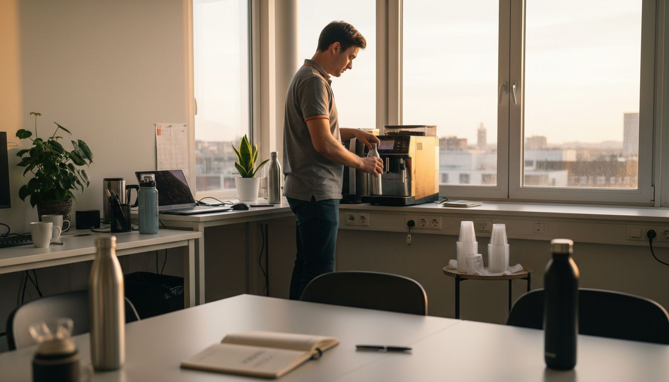 Een medewerker vult zijn herbruikbare waterfles bij op een milieuvriendelijk kantoor.