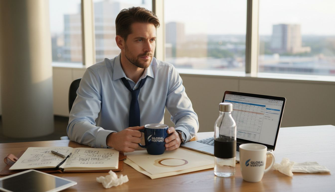 Executive reviewing branded drinkware samples on desk
