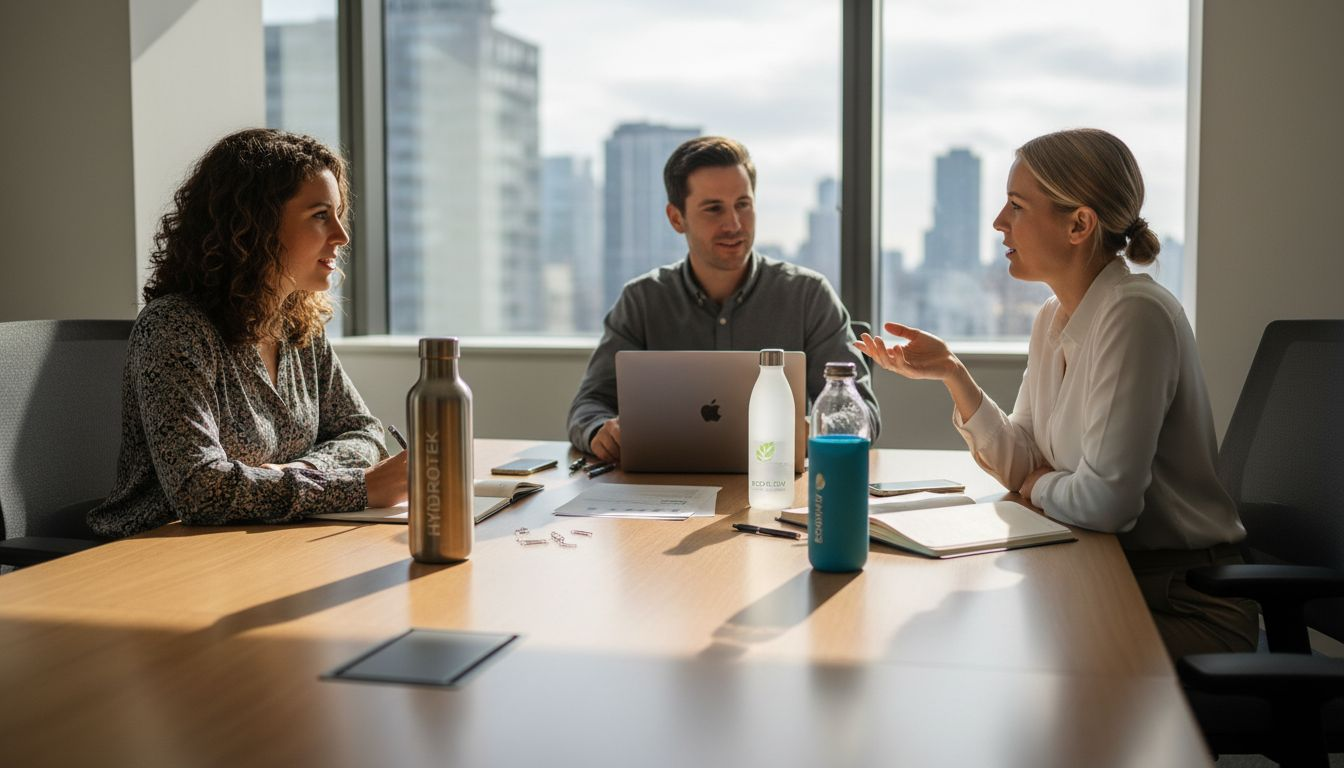 Branded water bottles on meeting table office setting
