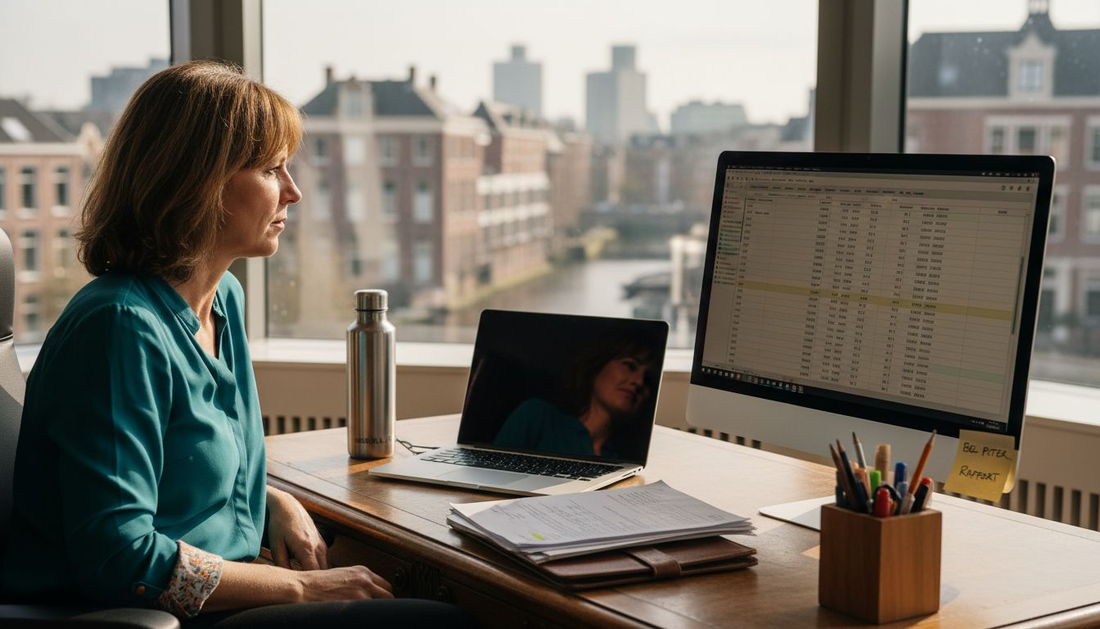 HR-manager in een hoekbureau met een gepersonaliseerde drinkfles op het bureau