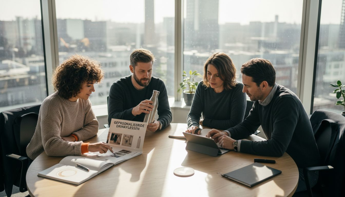 Het team op kantoor buigt zich over het ontwerp van een nieuwe drinkfles.