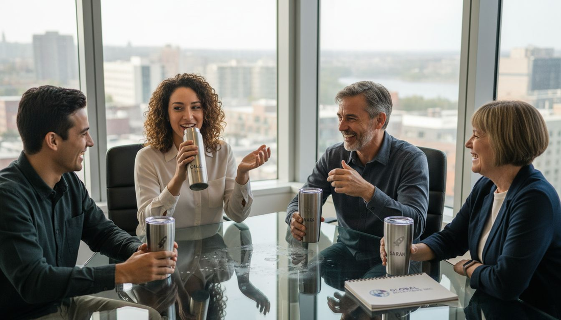 Employees with personalized bottles in office break