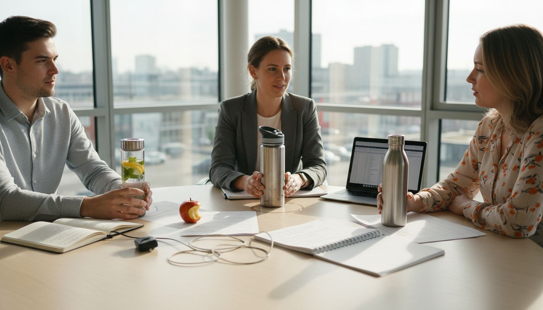 Op kantoor zitten collega's samen aan tafel, ieder met hun eigen RVS drinkfles binnen handbereik.