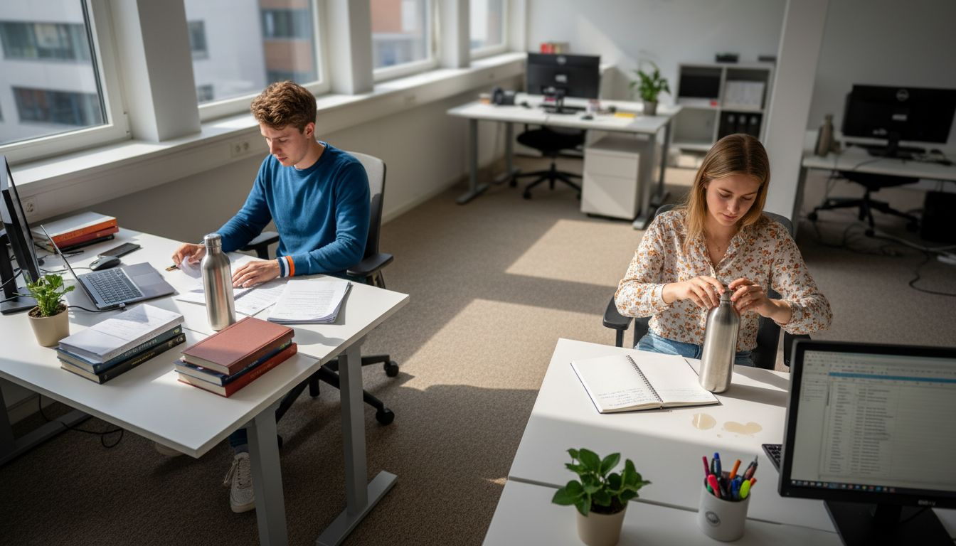 Twee collega’s zitten op kantoor met een herbruikbare waterfles.
