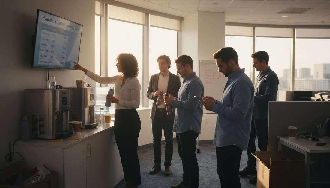 Employees using hydration station in corner office