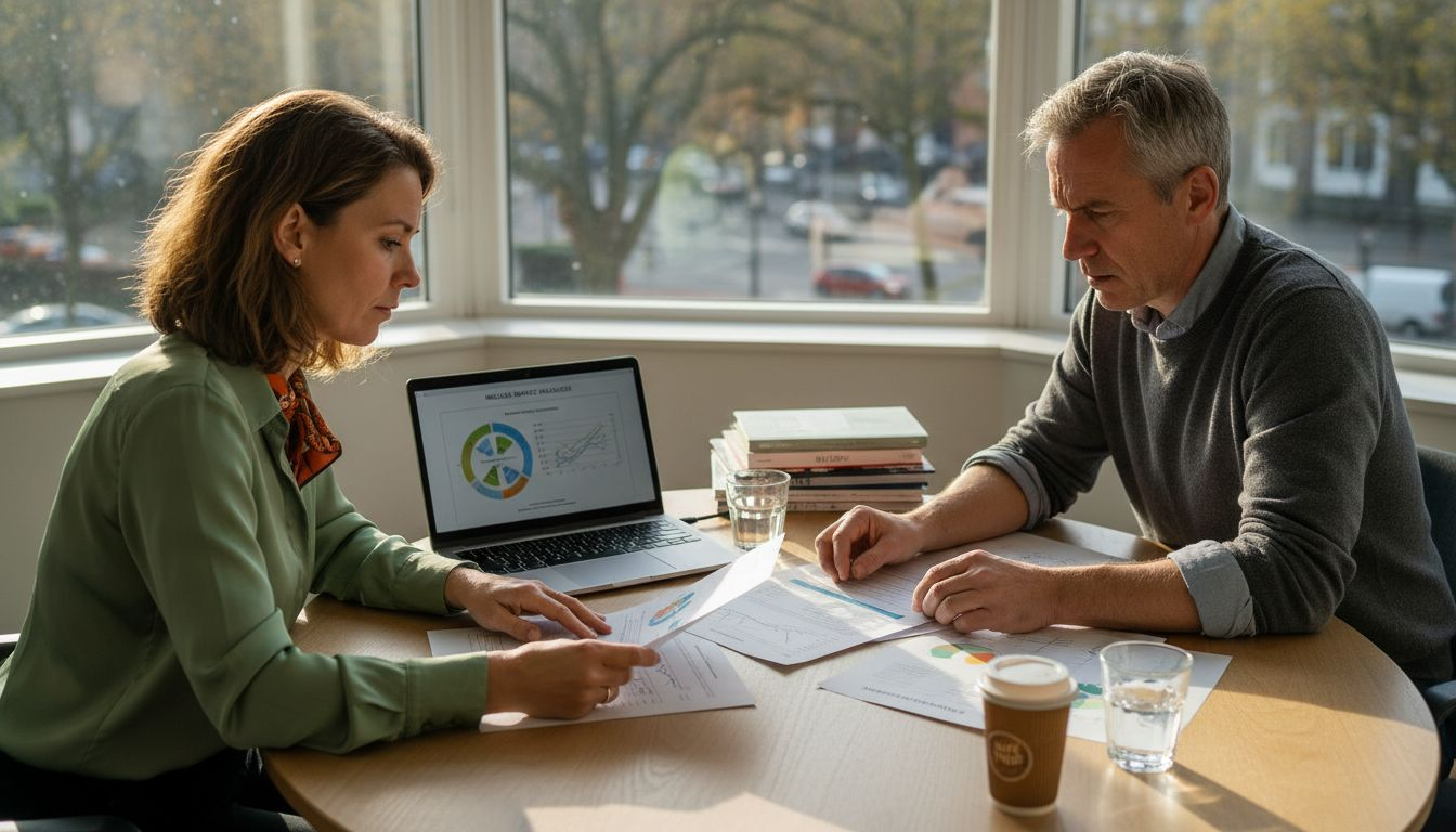 Twee collega’s overleggen op kantoor over het ontwerp van een milieuvriendelijk logo.