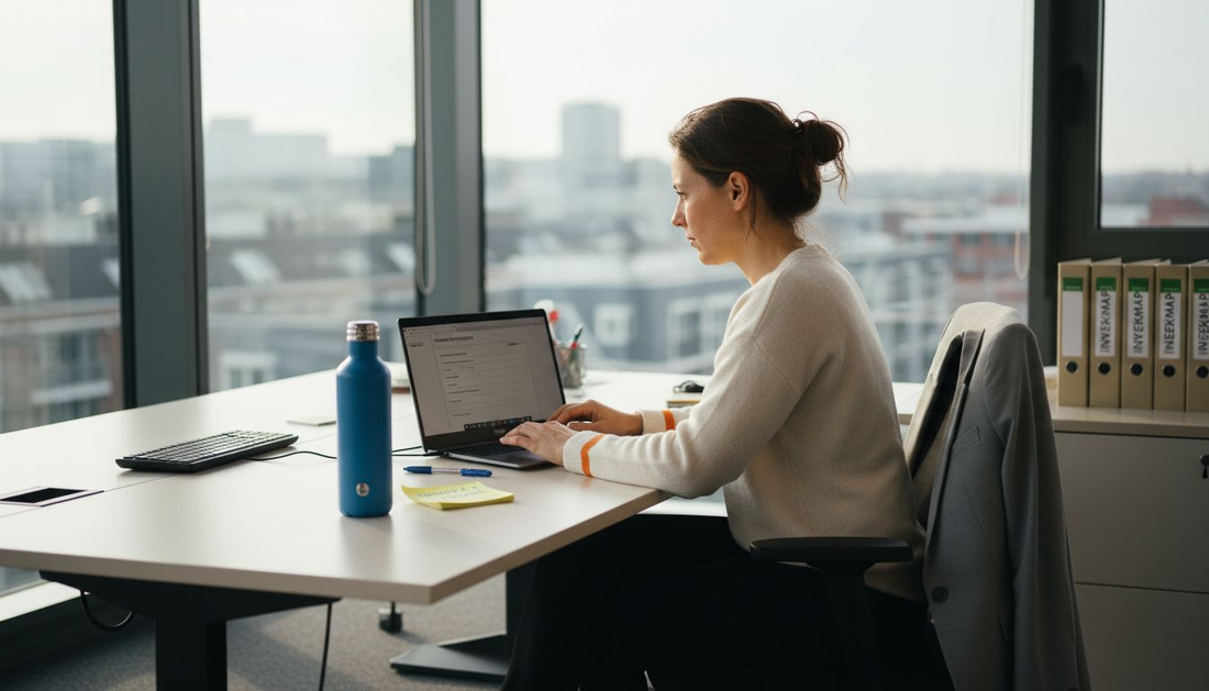 HR-manager richt haar werkplek persoonlijk in achter het bureau