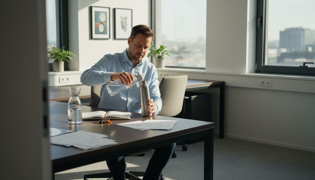 Een medewerker op kantoor vult zijn hervulbare waterfles terwijl hij aan zijn bureau zit.