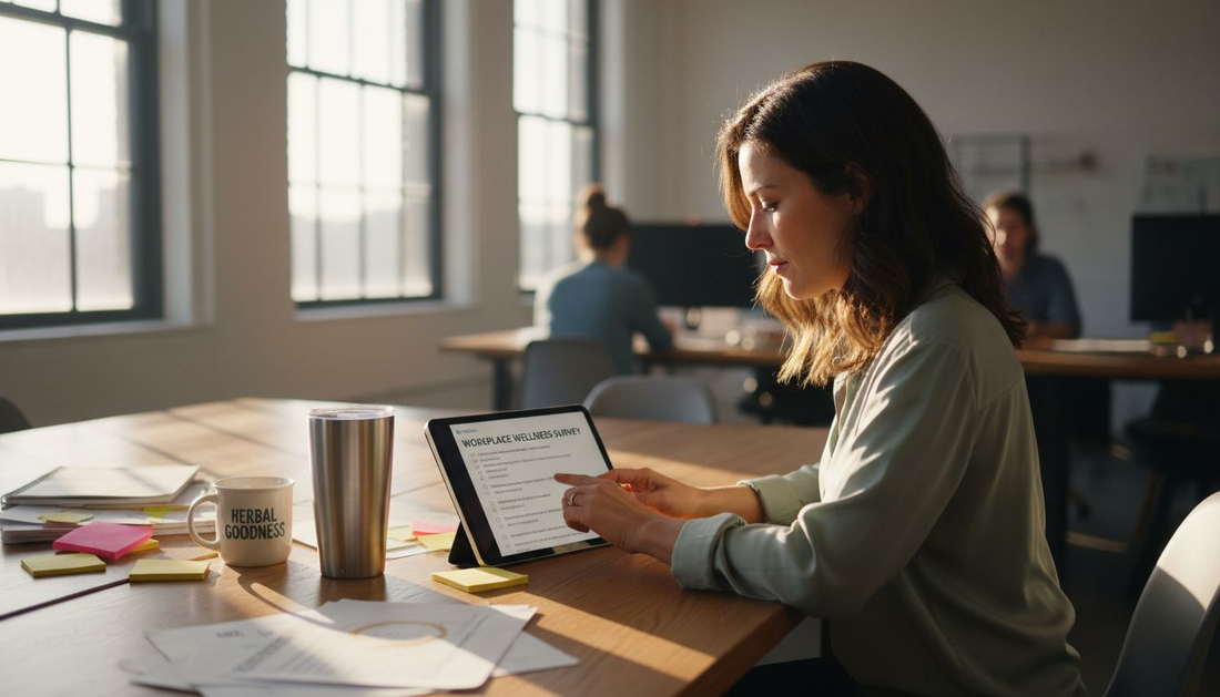 Office worker answering drinkware survey at desk
