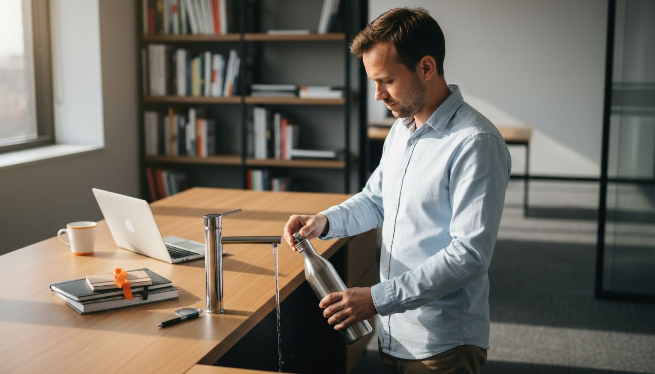 Een collega loopt naar de kraan om zijn waterfles bij te vullen op kantoor.