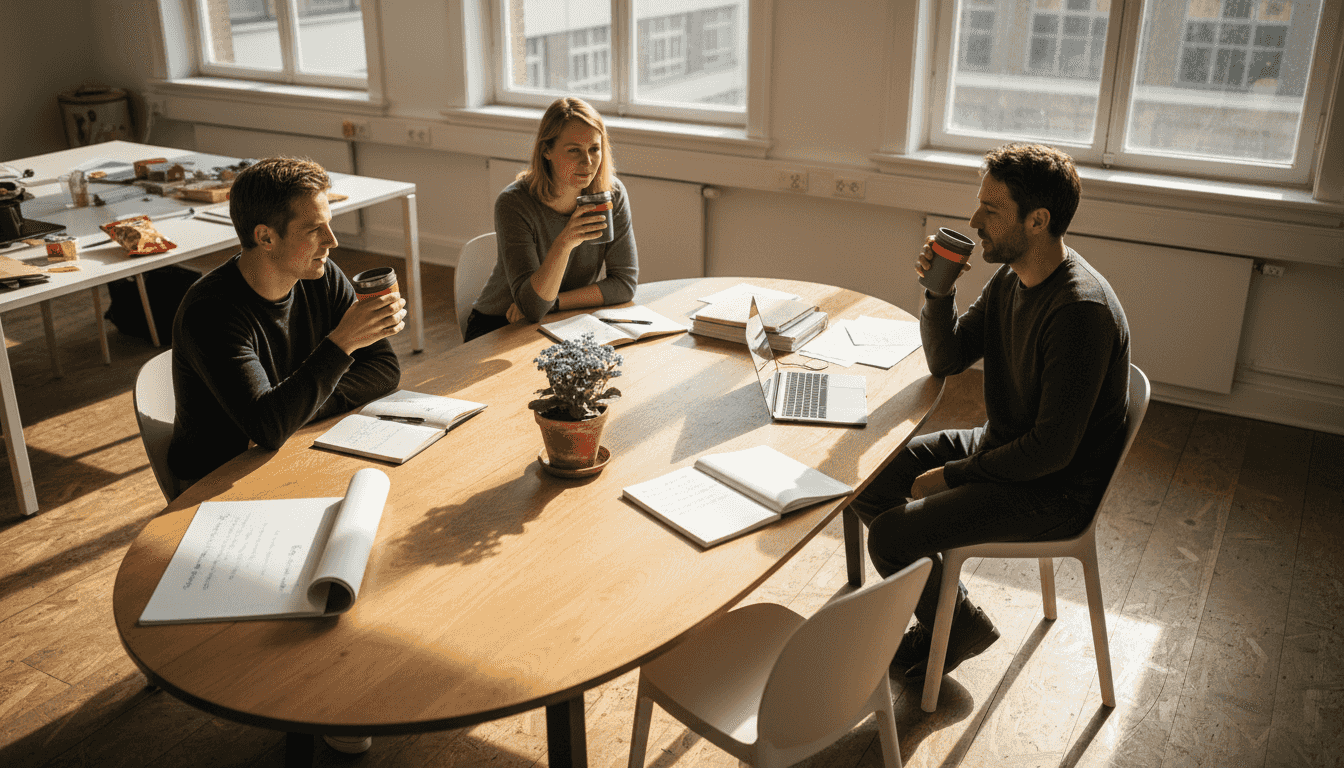 Medewerkers drinken samen koffie uit hun eigen herbruikbare mokken in de koffiehoek op kantoor.
