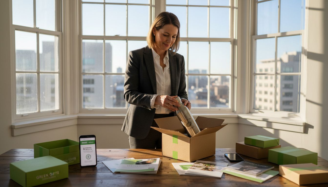 Businesswoman unboxing eco-friendly corporate gift
