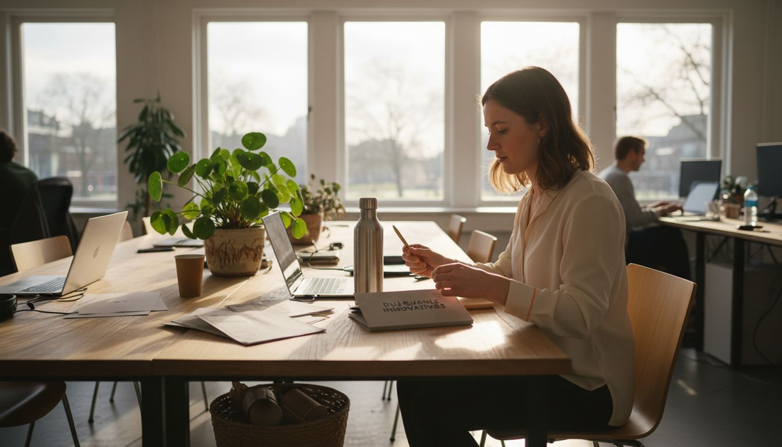 Op de vergadertafel liggen diverse duurzame producten overzichtelijk gepresenteerd.