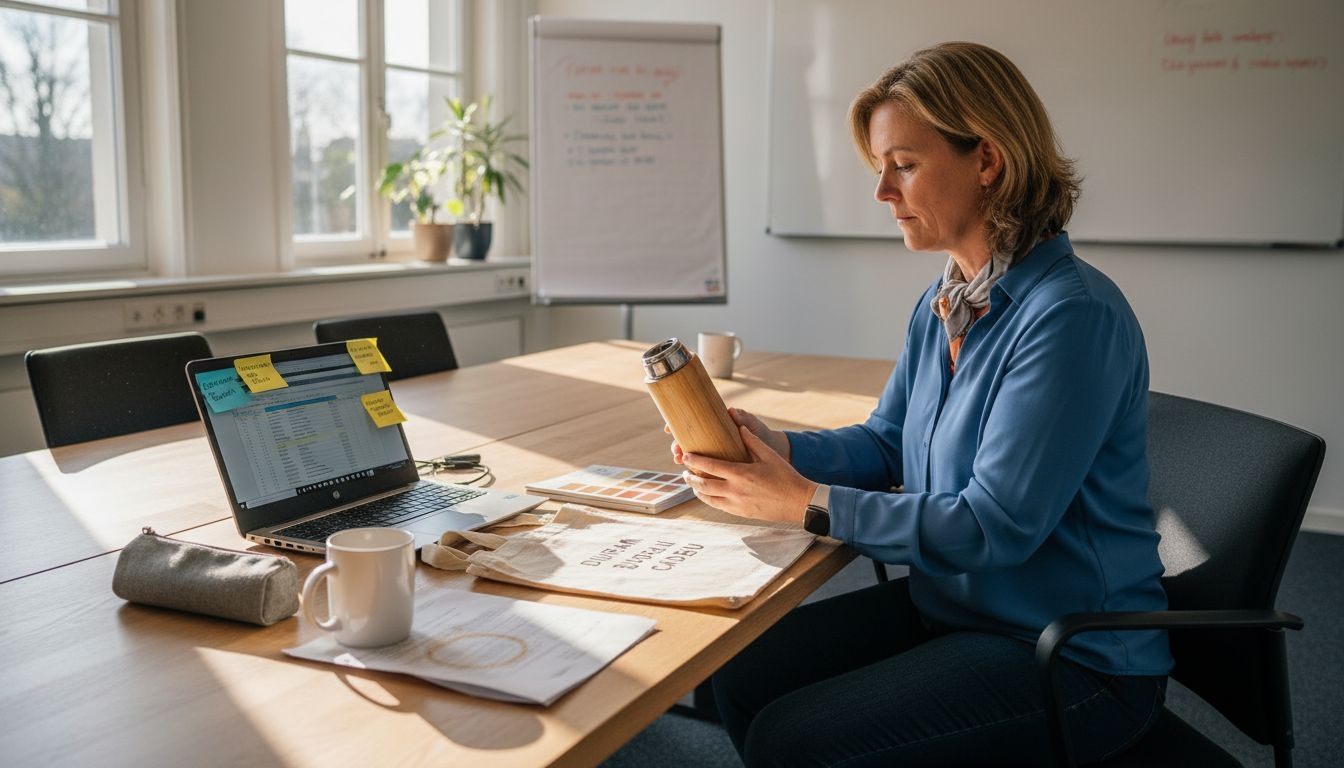 Een manager beoordeelt verschillende voorbeelden van relatiegeschenken die op de tafel liggen.