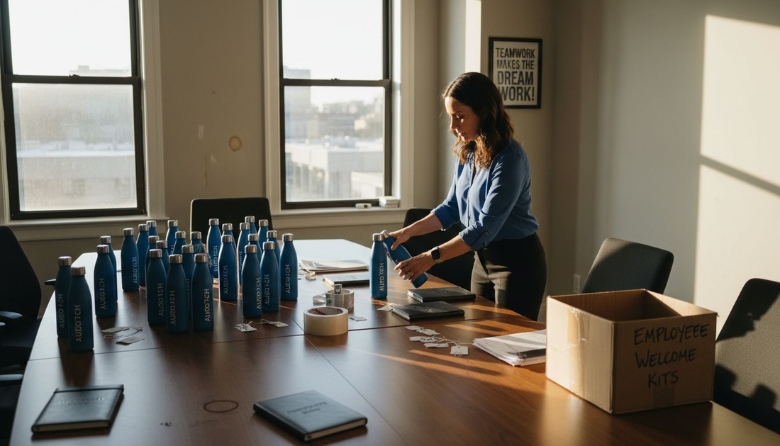 HR manager preparing personalized corporate gifts