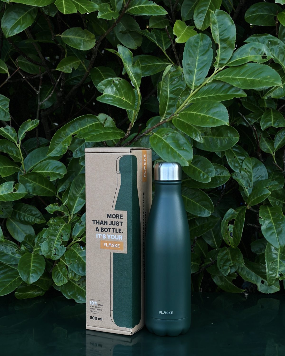 FLASKE bottle next to its box against green leaves