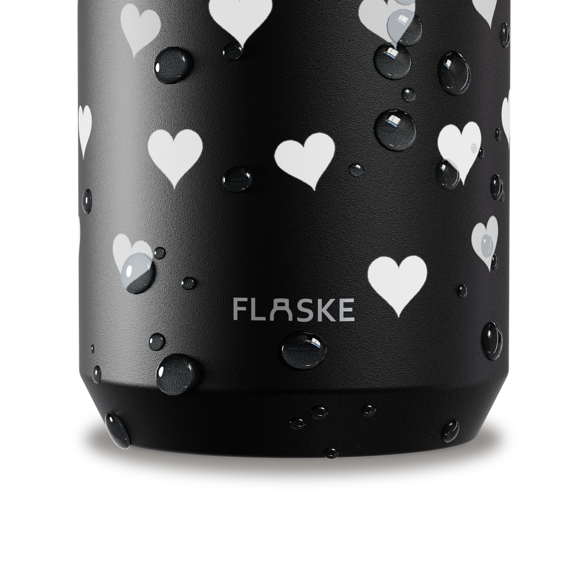 Wet FLASKE bottle with a printed heart design and the engraved FLASKE logo
