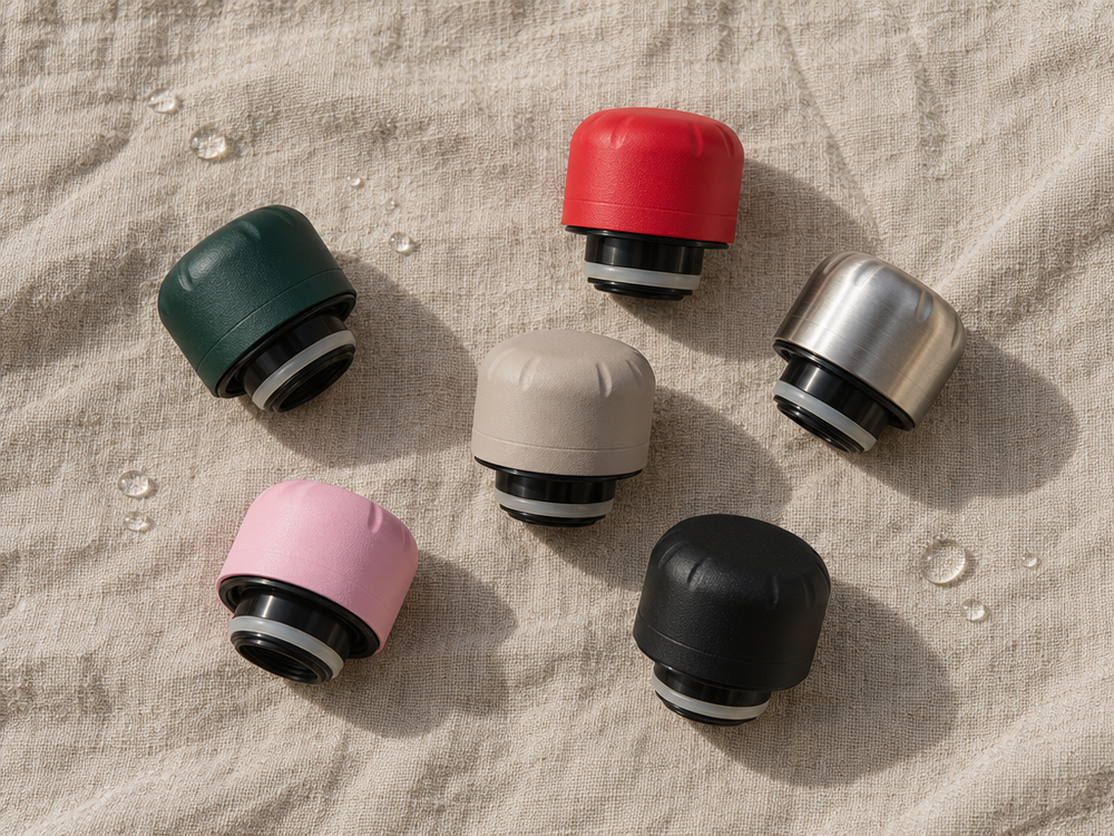 FLASKE bottle lids in different colours on a linen cloth