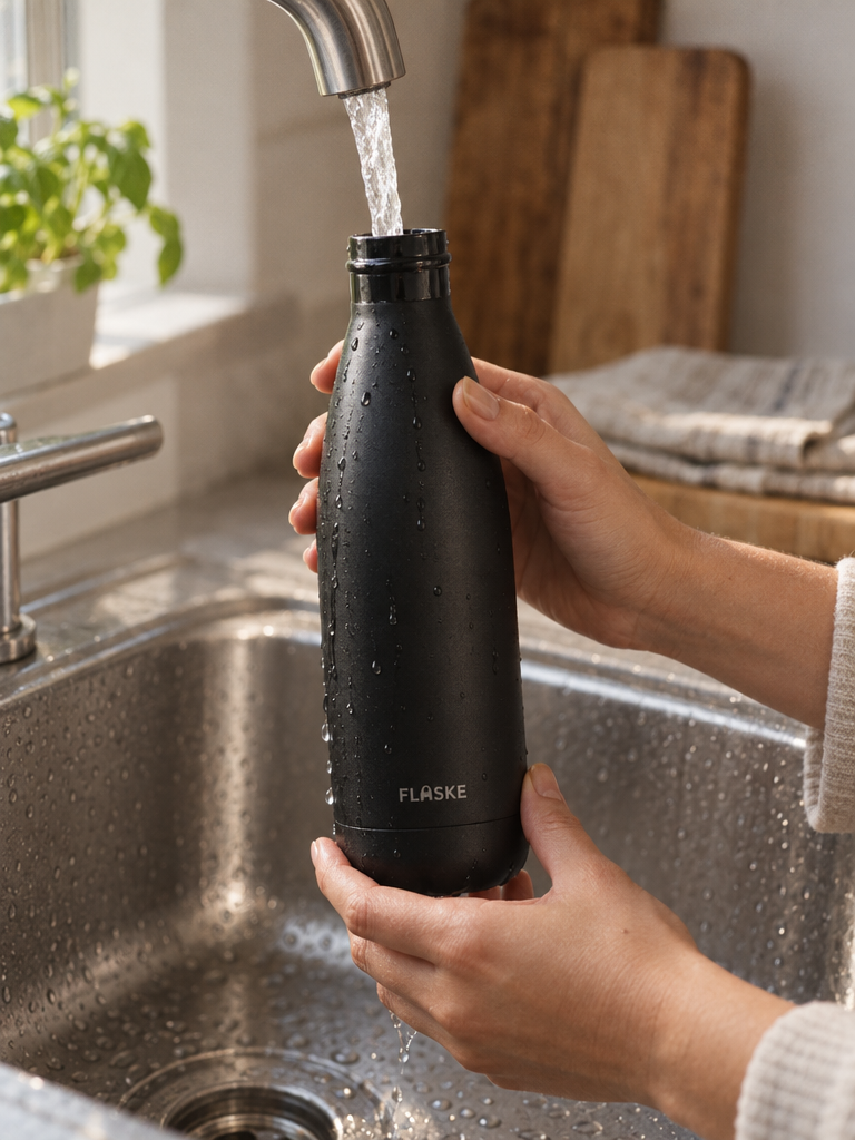 FLASKE bottle being filled under a kitchen tap