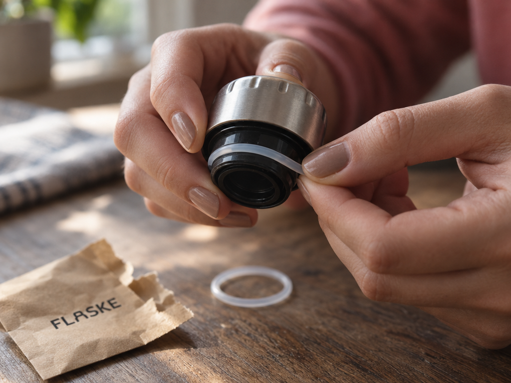 Hands pressing a new O-ring into a FLASKE lid