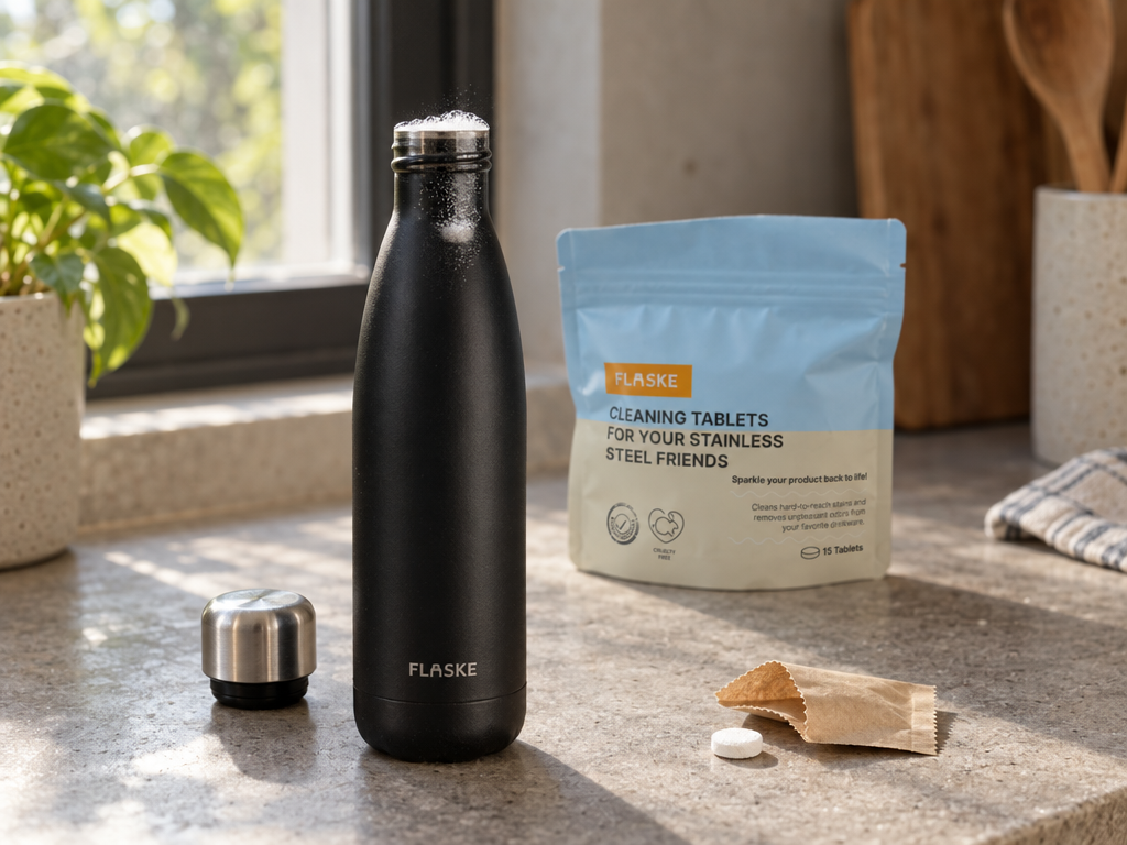 FLASKE cleaning tablet fizzing in a bottle